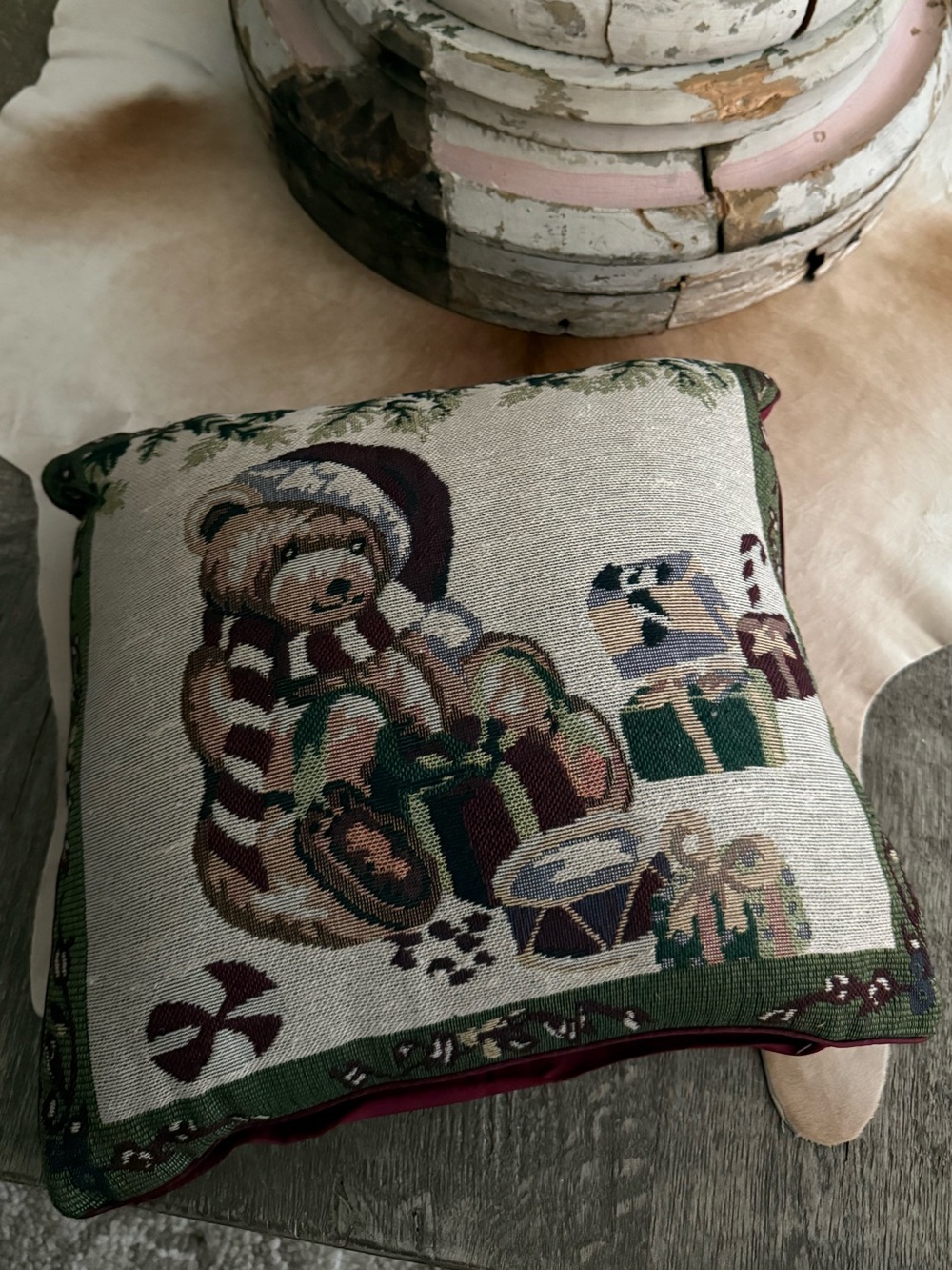 Vintage Holiday Teddy Bear Decorative Tapestry Pillow - Green & Burgundy